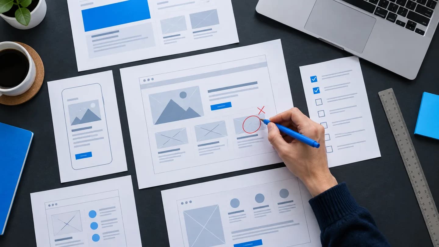 Mesa com materiais de auditoria de SEO, pesquisa e diagnóstico de conteúdo digital