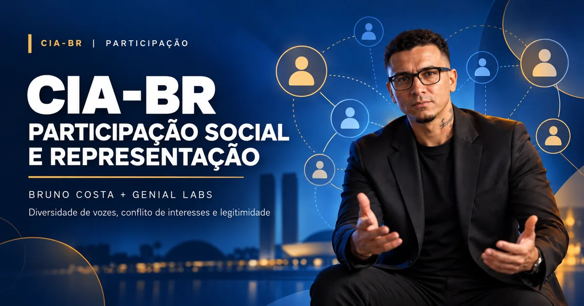 Arte editorial com representação de Bruno Costa sobre Participação social em um conselho de IA.
