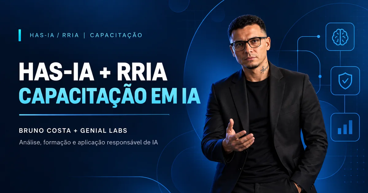 Capa ilustrada exclusiva do programa HAS-IA com Bruno Costa apresentando capacitação em inteligência artificial