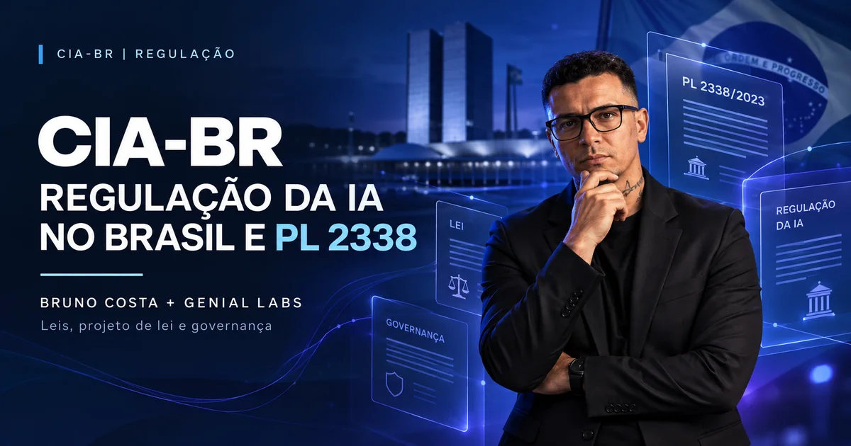 Arte editorial com representação de Bruno Costa sobre Regulação da IA no Brasil e PL 2338.